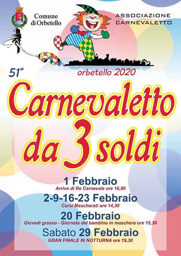 Manifesto Carnevaletto da 3 Soldi 2020 ad Orbetello