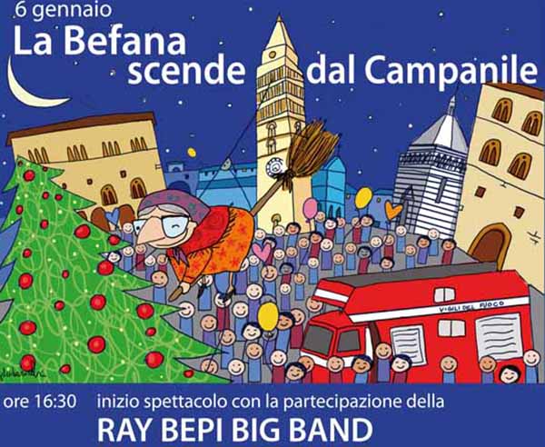 Manifesto La Befana scende dal Campanile a Pistoia 2020 - Piazza del Duomo 6 Gennaio