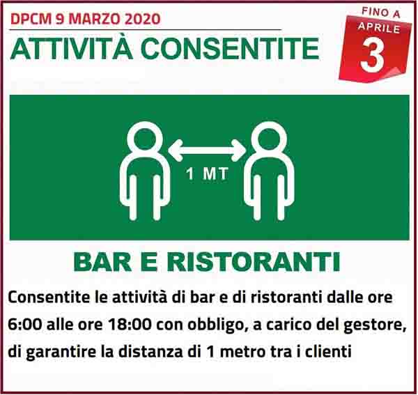 Disposizioni DPCM 9 Marzo 2020 - Attivita Bar e Ristoranti Consentite