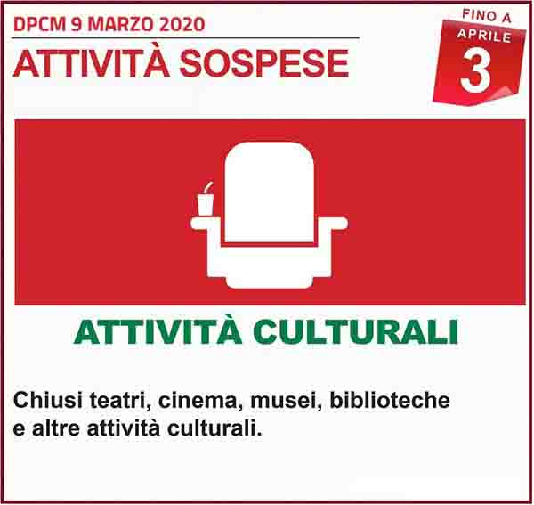 Disposizioni DPCM 9 Marzo 2020 - Attivita Culturali Spospese