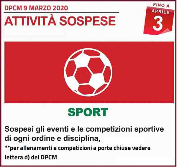 Disposizioni DPCM 9 Marzo 2020 - Attivita Sportive Spospese