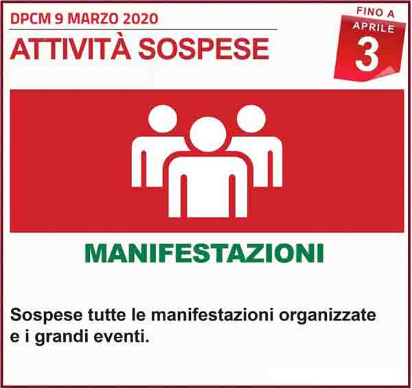 Disposizioni DPCM 9 Marzo 2020 - Manifestazioni Spospese