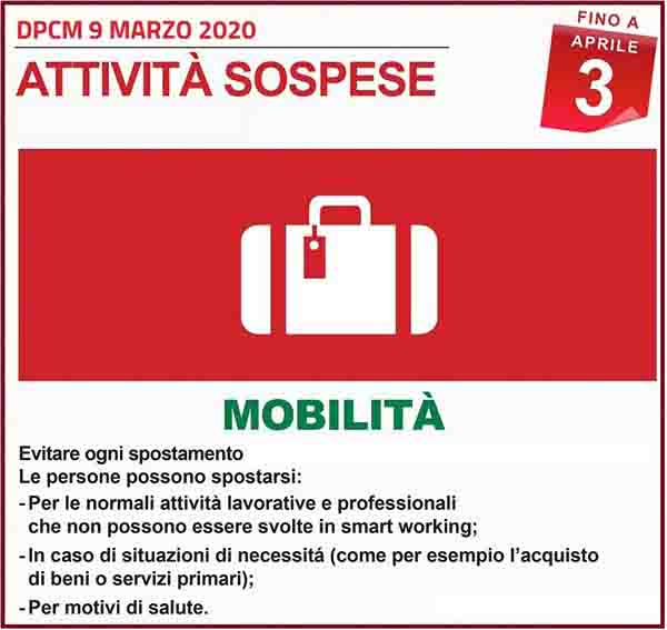 Disposizioni DPCM 9 Marzo 2020 - Mobilita Spospese